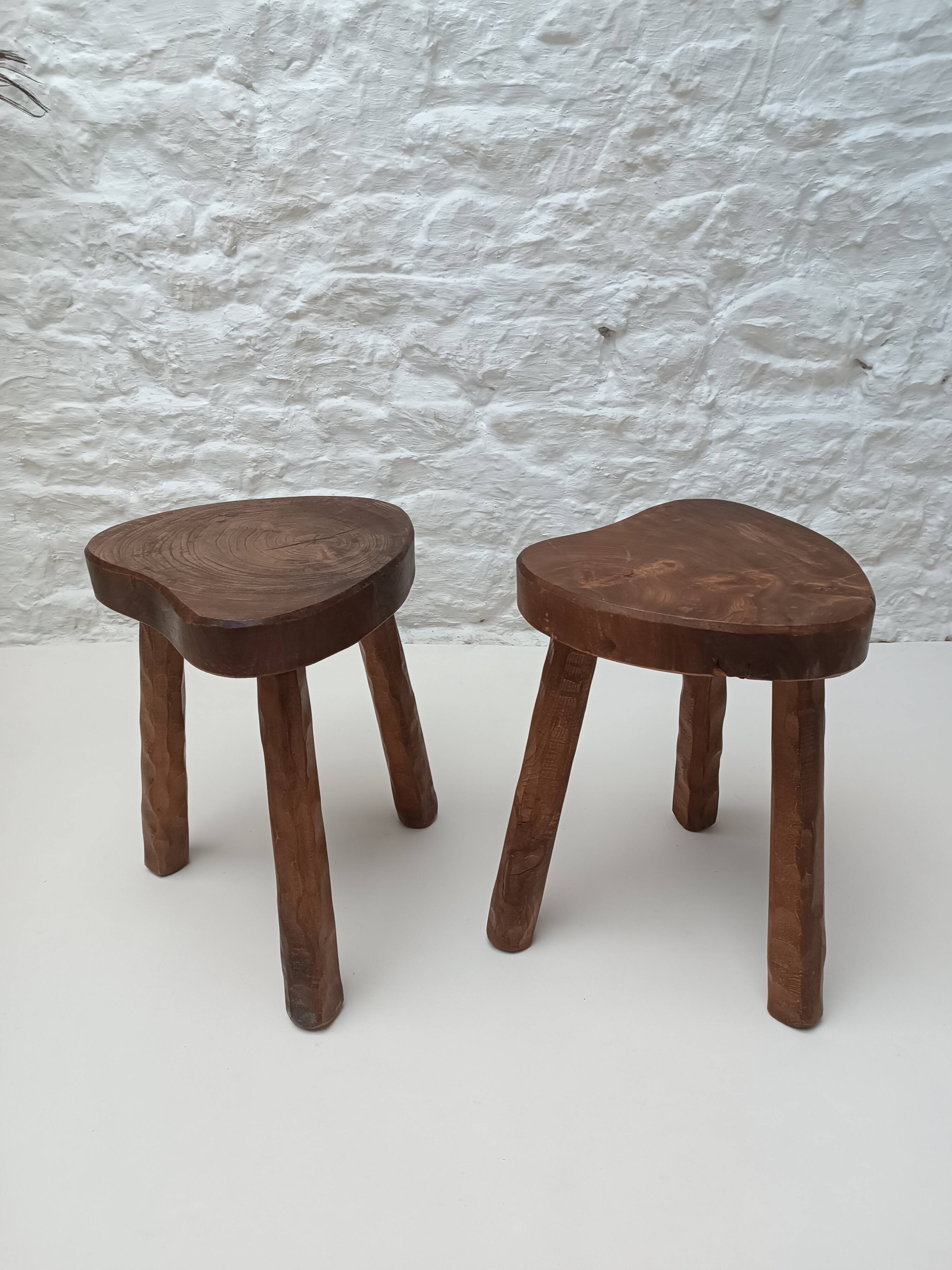 Pair of tripod stools in vintage 50s/60s brutalist elm.