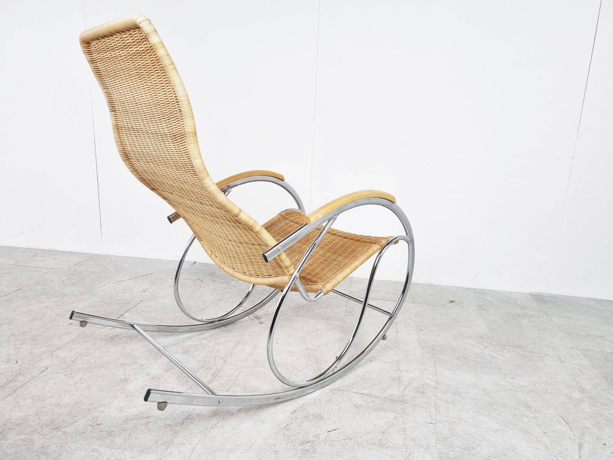 Vintage chrome and wicker rocking chair, 1970s