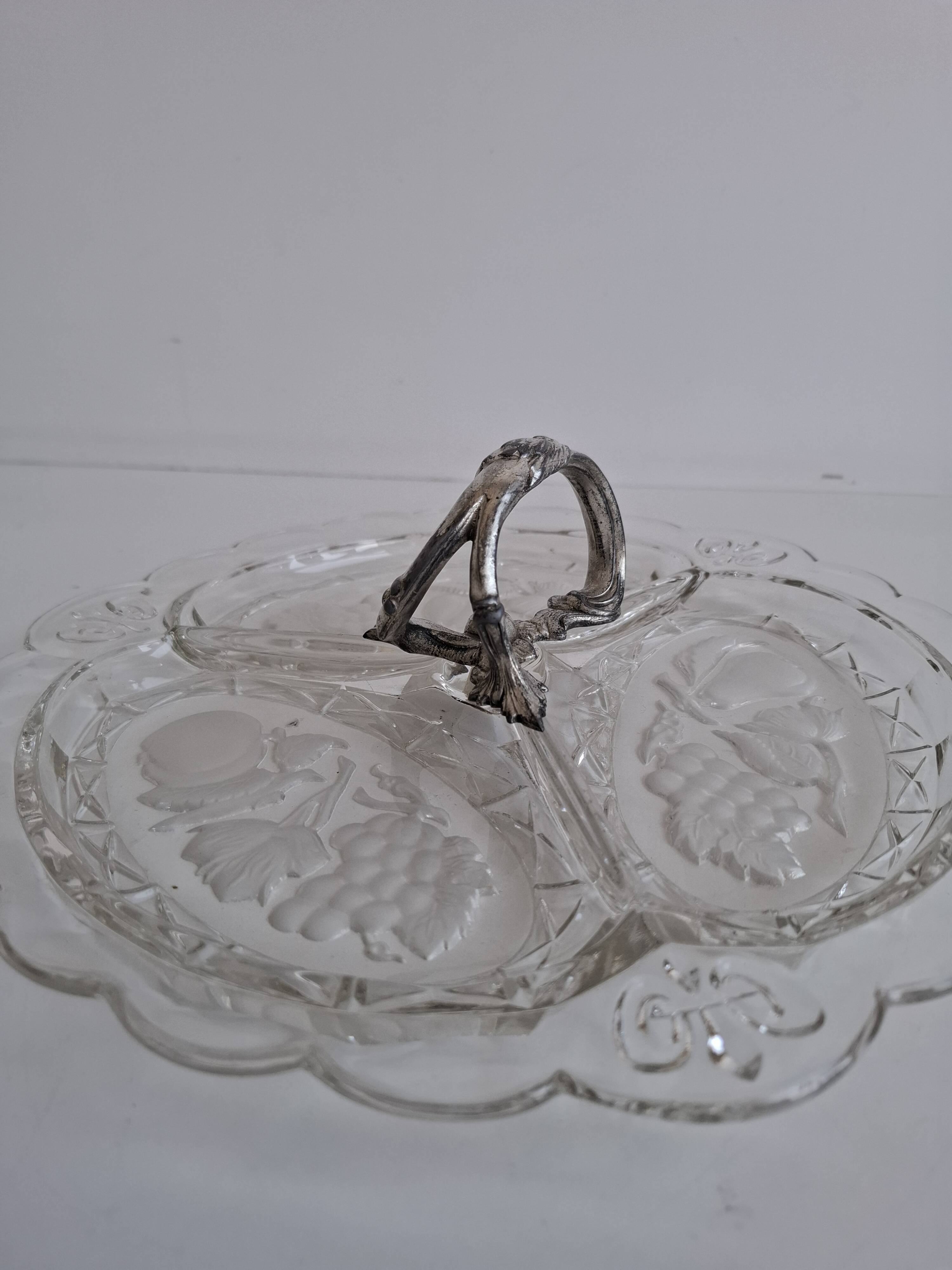 Art Deco Pressed Glass Divided Serving Dish with Alpaca Handle, 1930