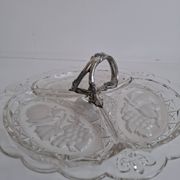 Art Deco Pressed Glass Divided Serving Dish with Alpaca Handle, 1930