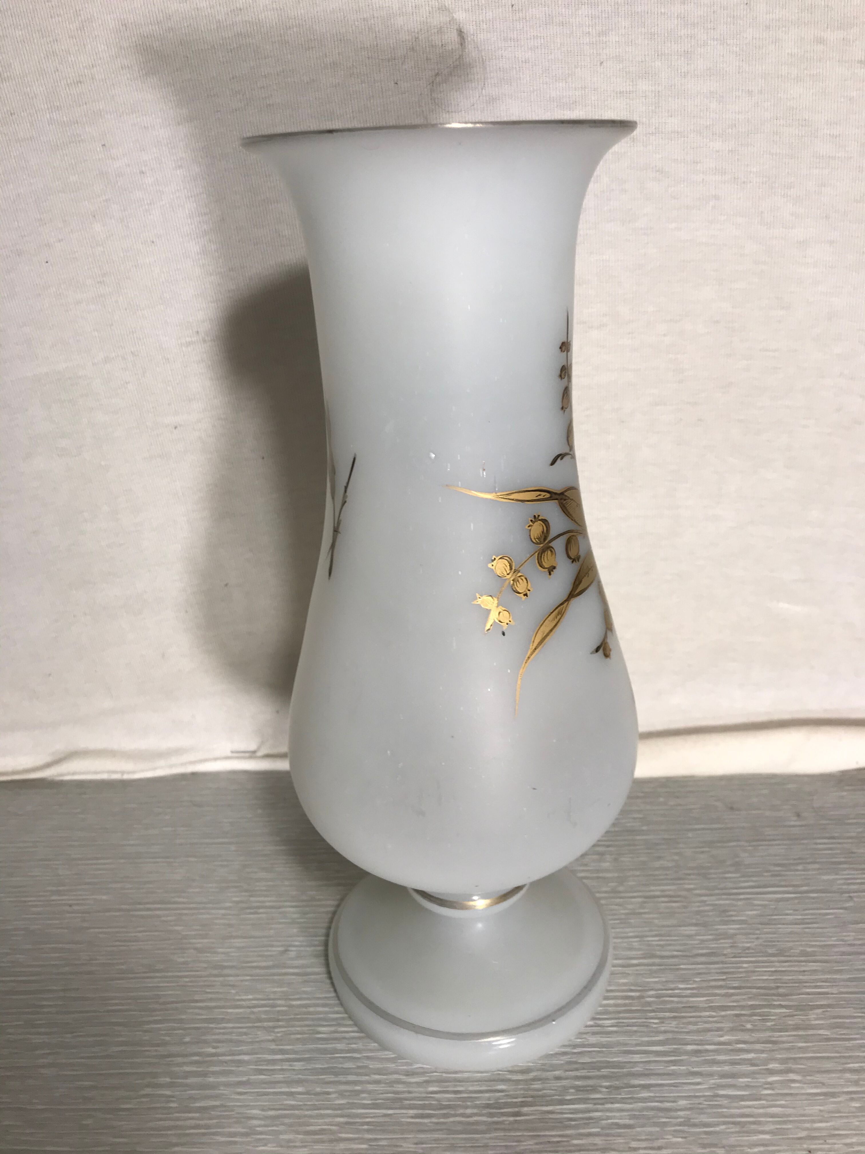 Ancient Glass Vase Opalin White - Drawing Golden Roses Form Vintage Cup