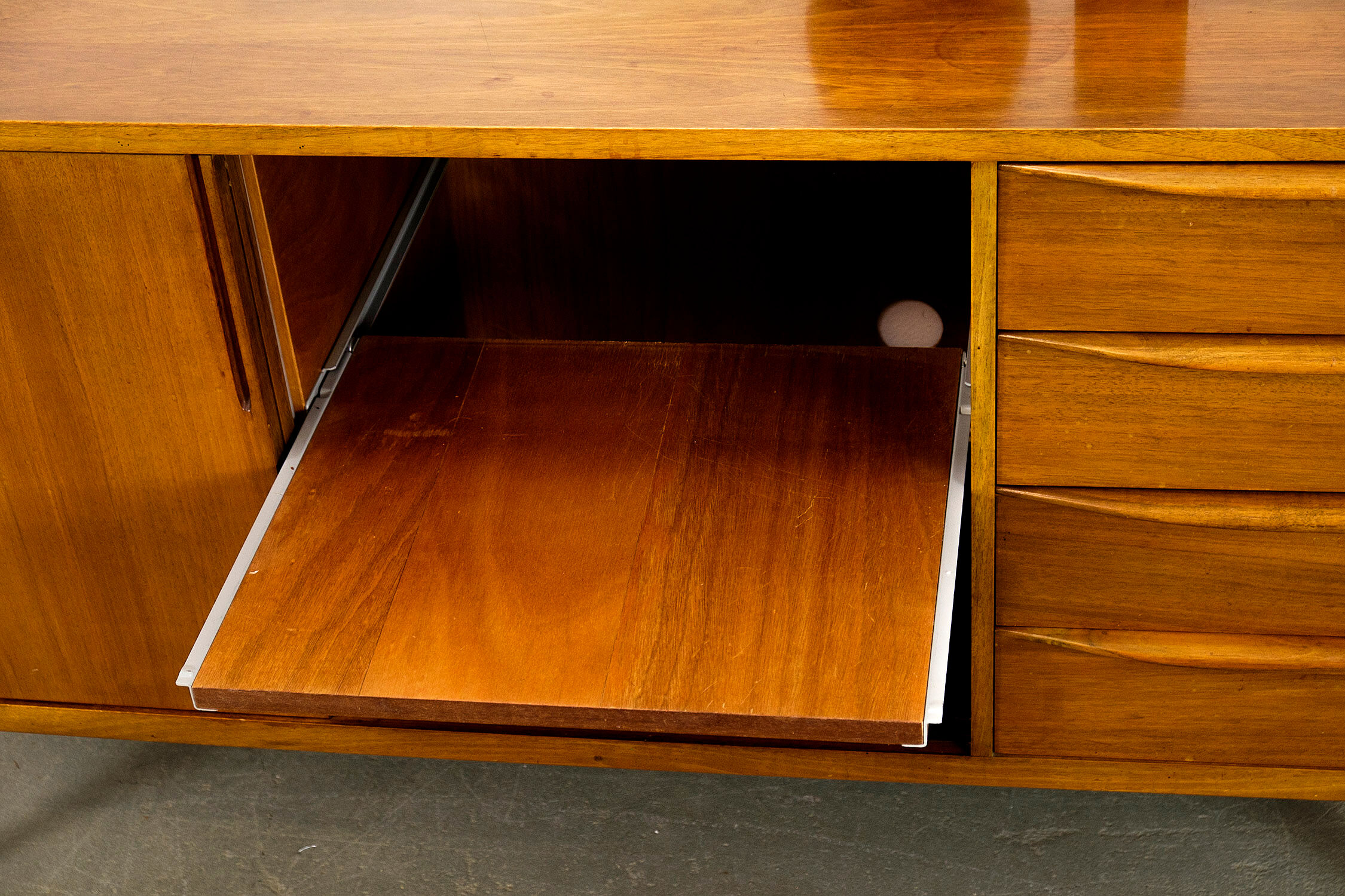 Midcentury Walnut Sideboard with sliding doors and drawers, 1950s