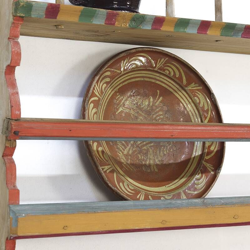 Antique Rustic Farmhouse Folk Art Painted Kitchen Plate Rack / Wall Shelve