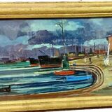 Oil painting Livorno 1975 port boats magnificent
