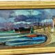 Oil painting Livorno 1975 port boats magnificent