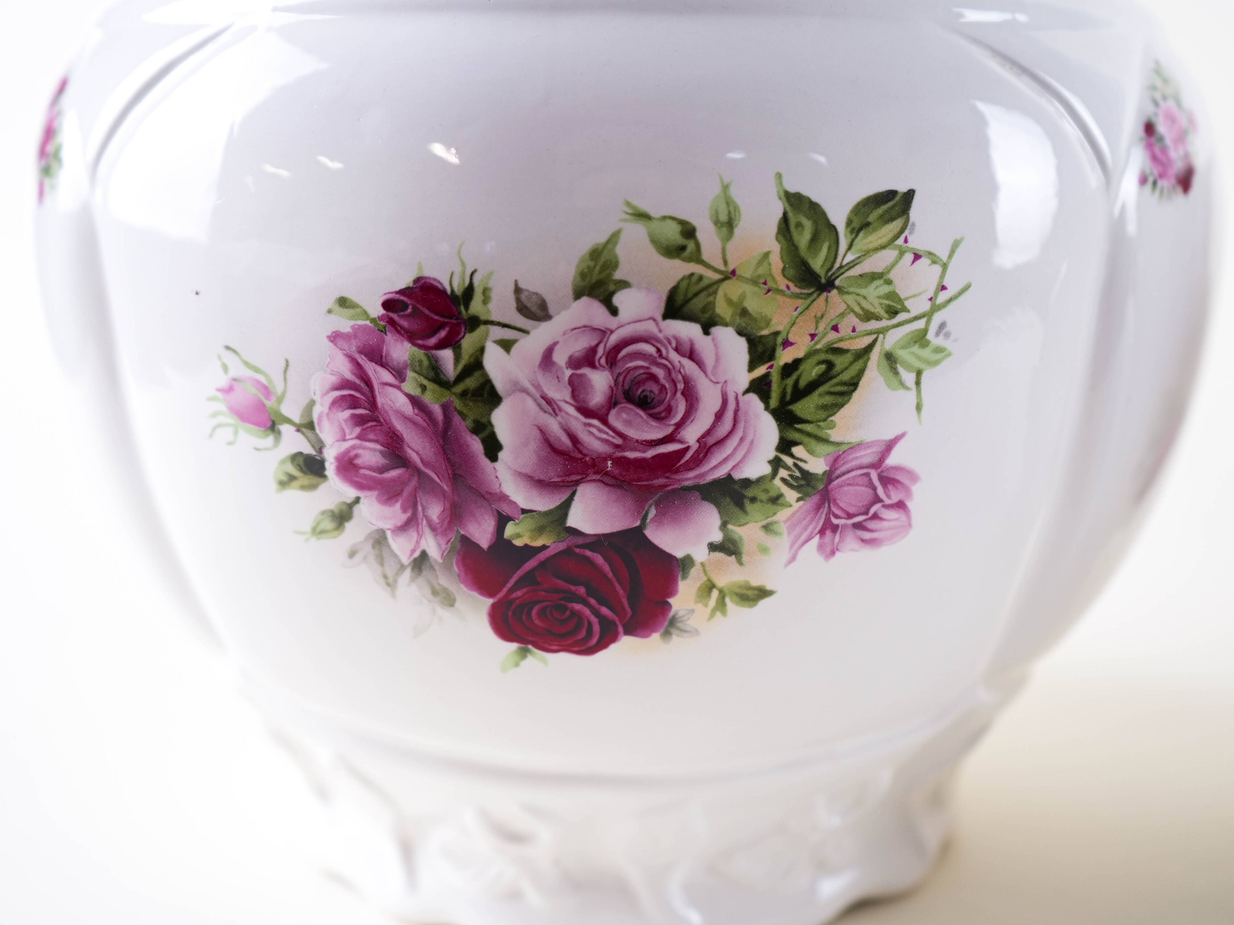 Pair of decorative ceramic vases with hand-painted roses, Art Deco style, European