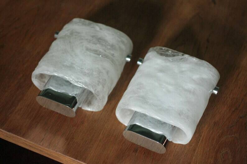 Pair of chrome wall sconces with Murano glass, wall light, art of glass, interior decoration.