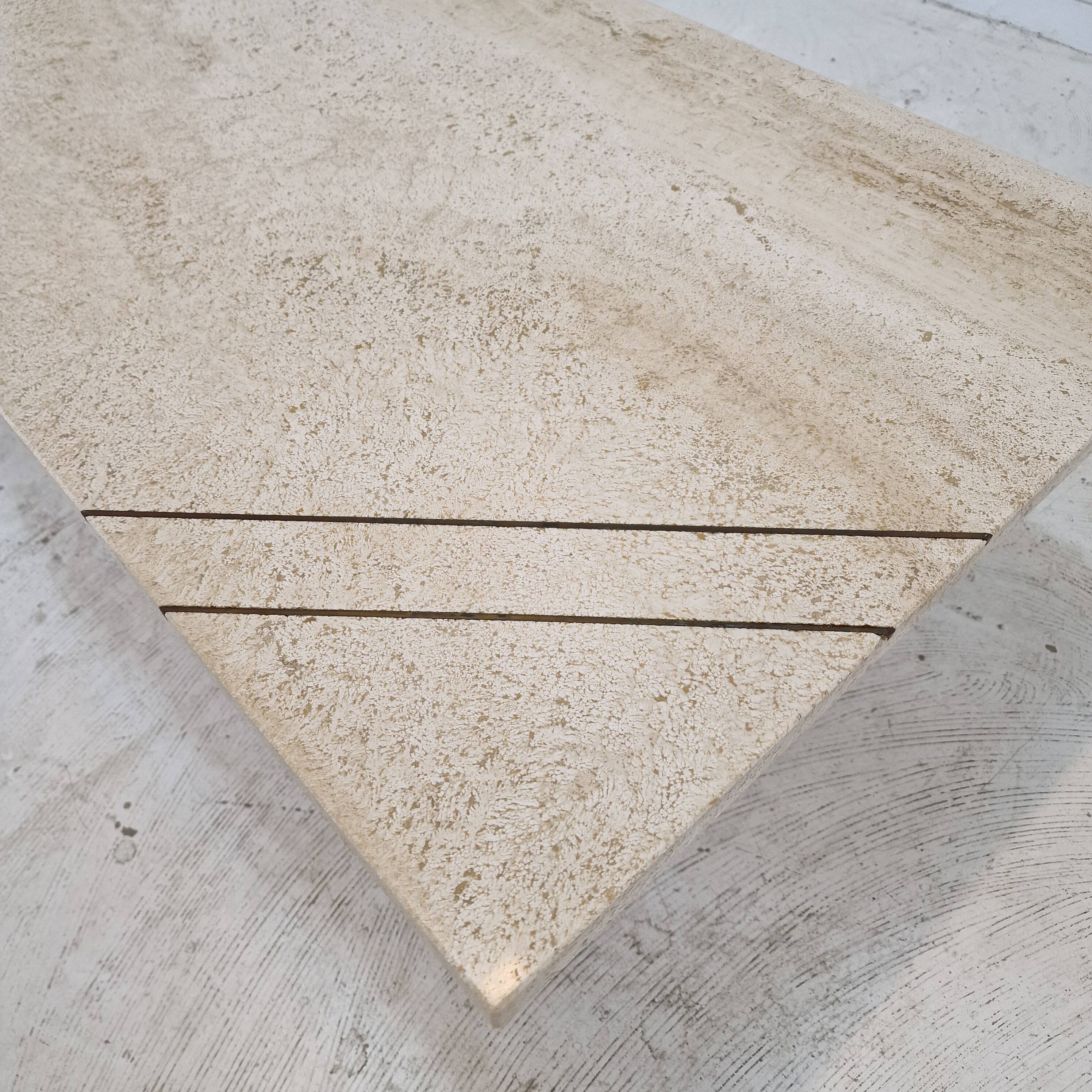 Rectangle Travertine Coffee or Side Table with Brass, Italy 1980s