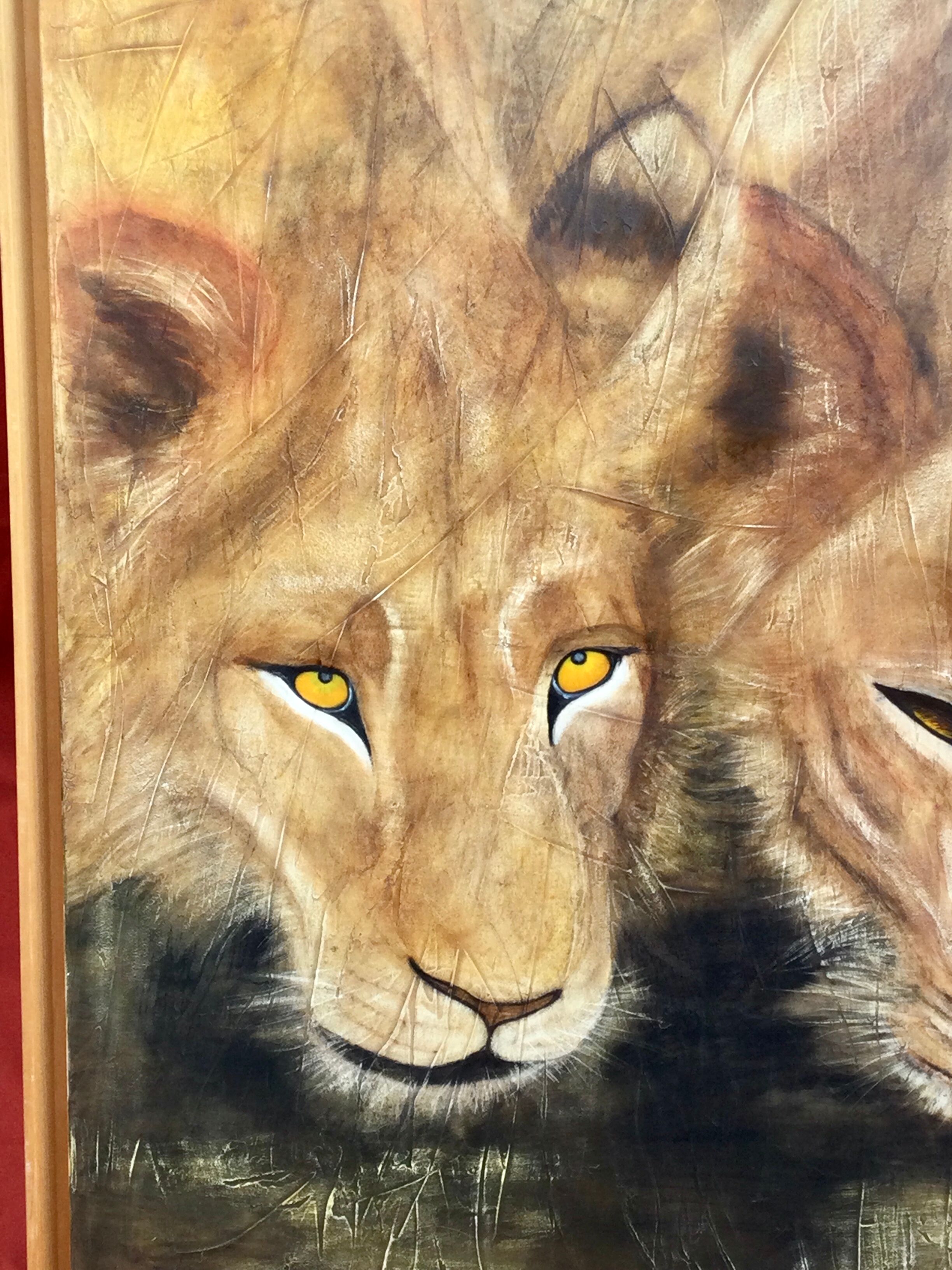 Oil on canvas "Lionesses au Marigot" by Dominique PROTTI-BARAIZE