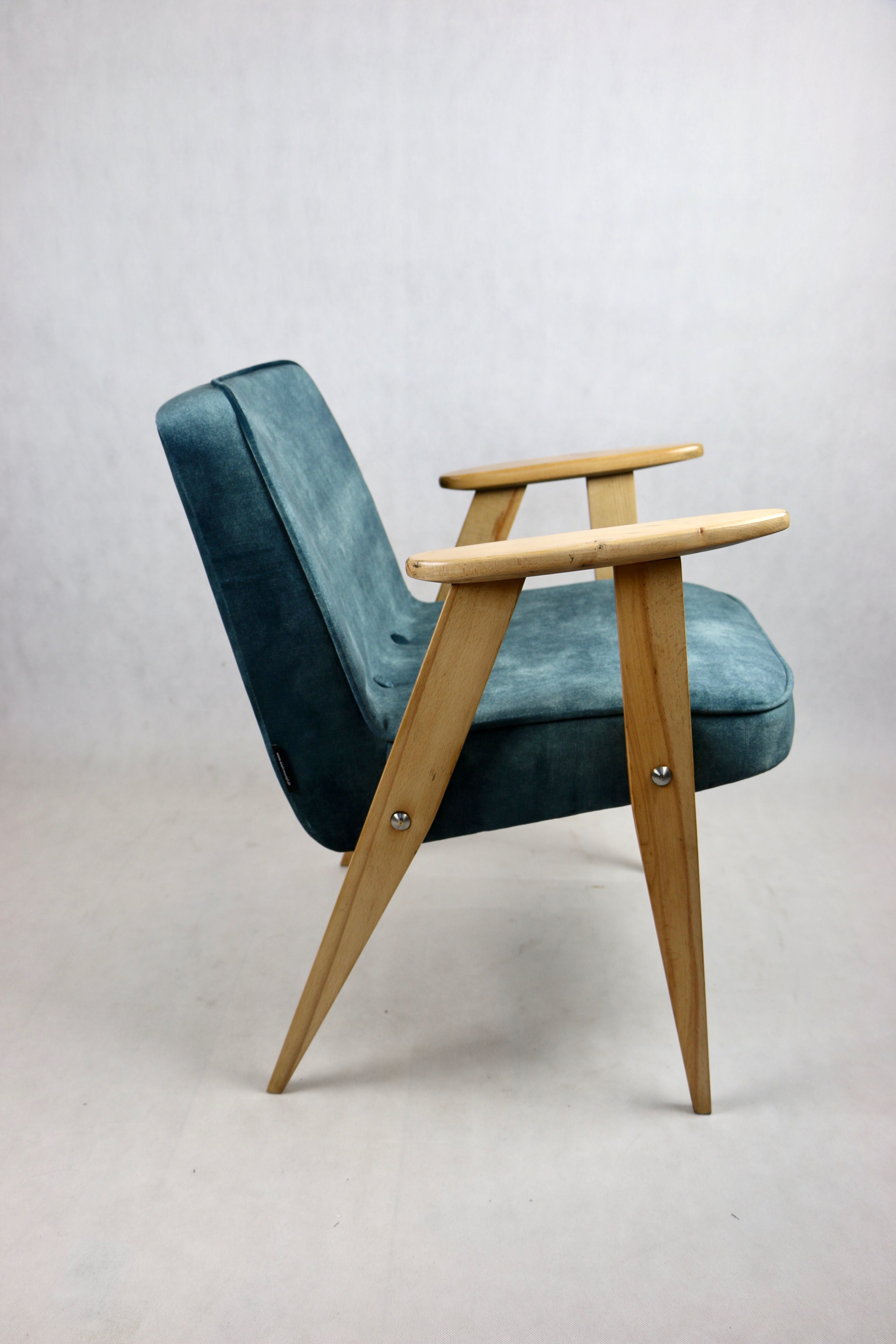 Light blue macau velvet 366 lounge chair by Józef Chierowski, 1970s