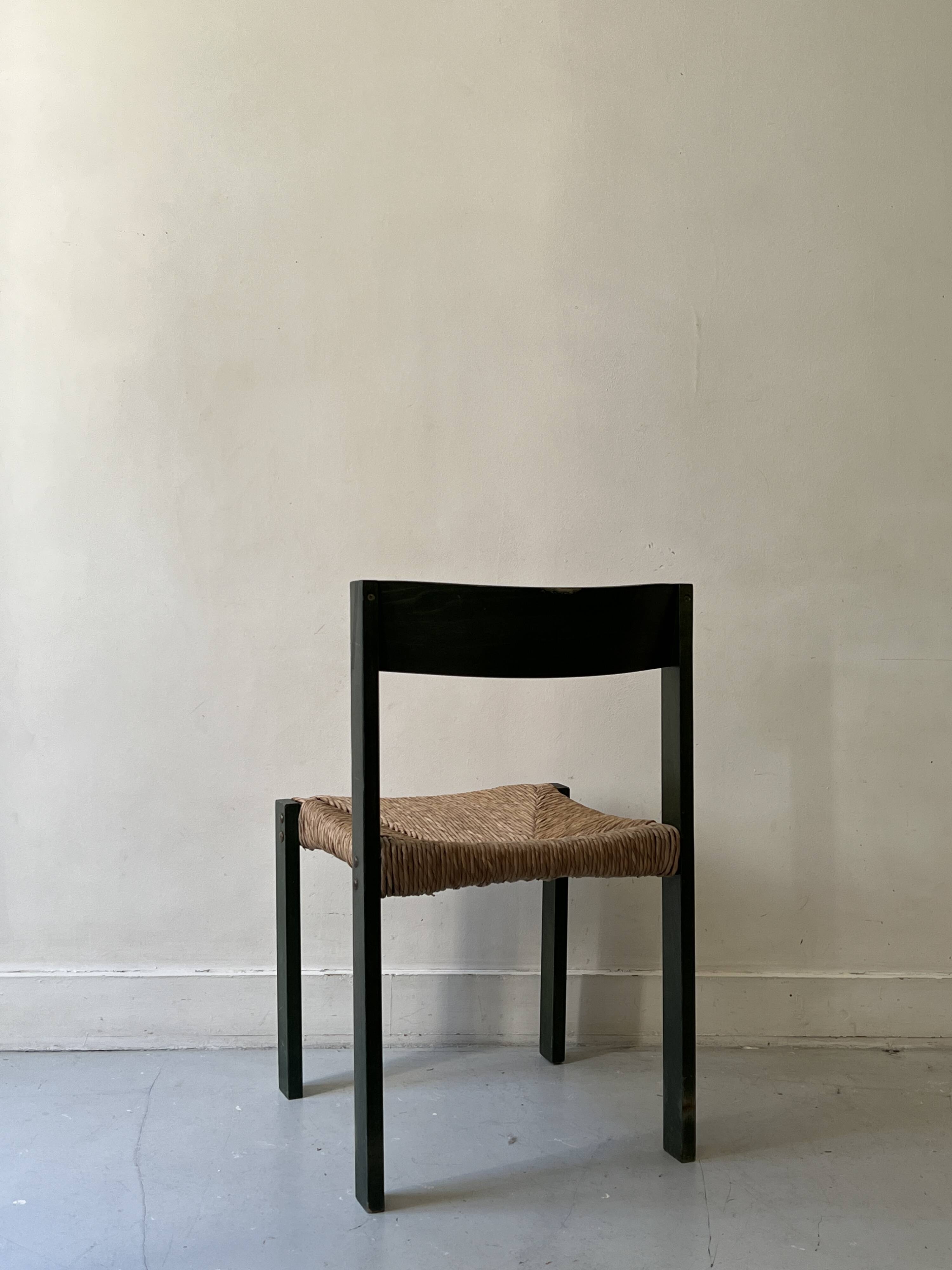 Bottle green patinated wooden straw chair, France 1950