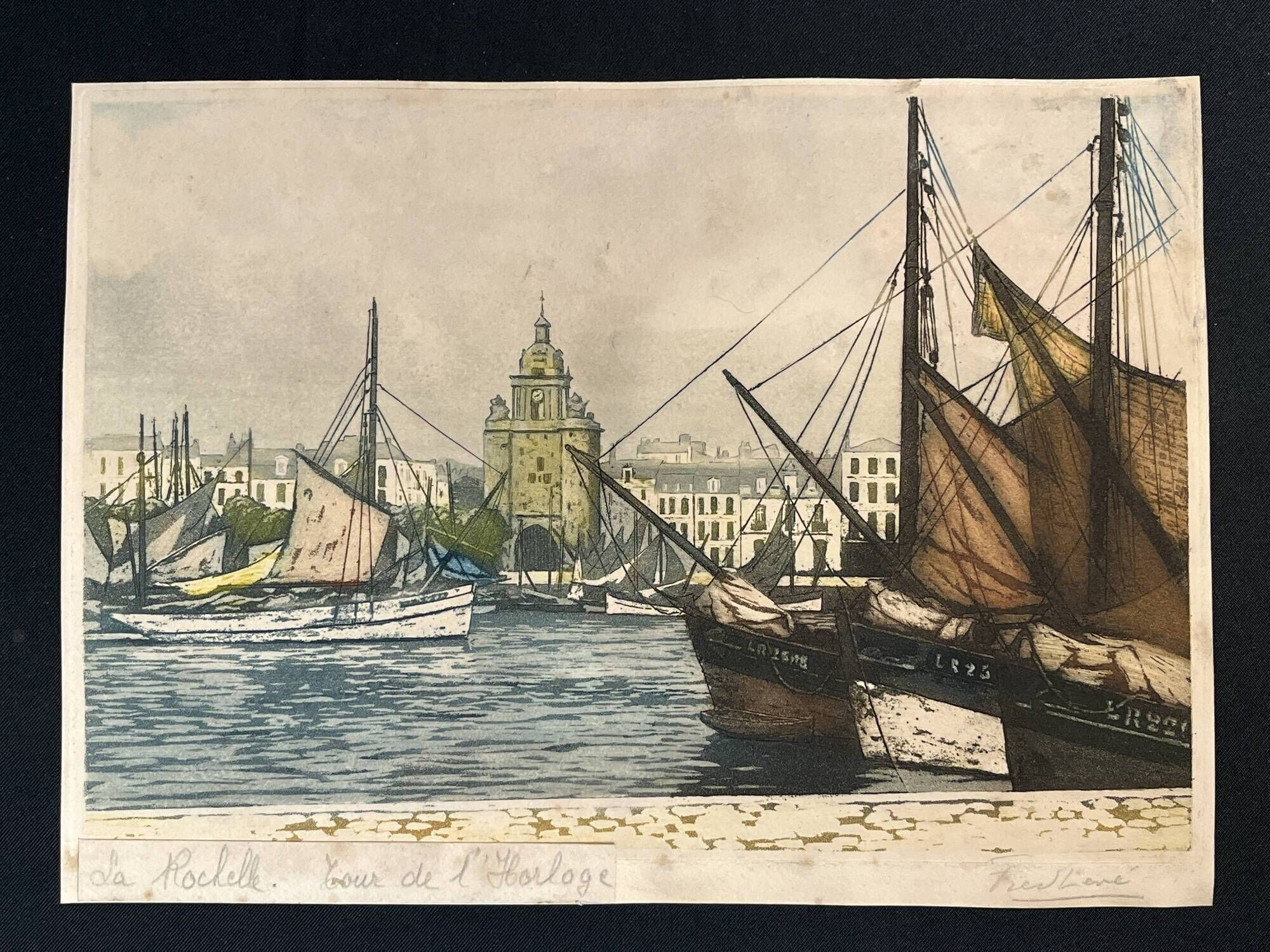 Frédéric Louis Levé, Aquatint Port of La Rochelle framed late 19th century
