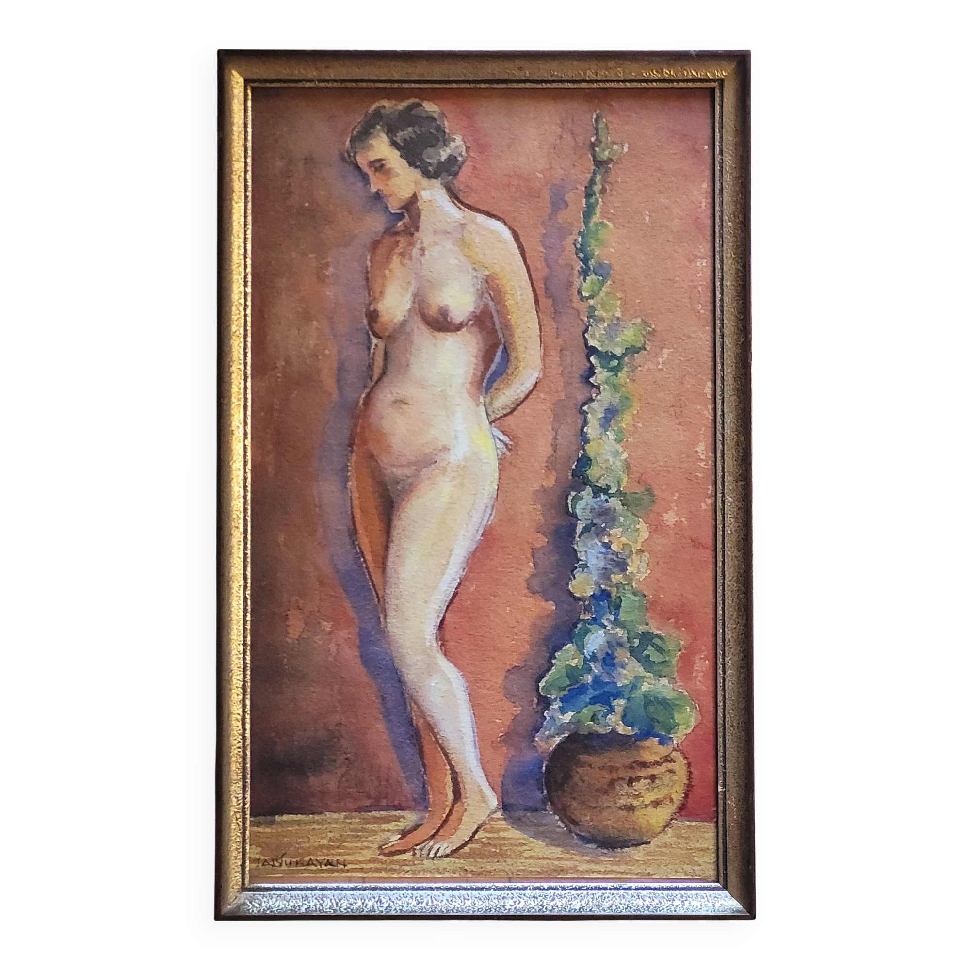 Ancien tableau vintage aquarelle nu féminin années 40 50