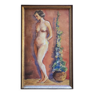 Vintage watercolour painting of a female nude from the 1940s-50s.