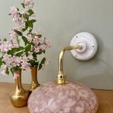 Elbow wall light, vintage glass lampshade from Clichy in pink.