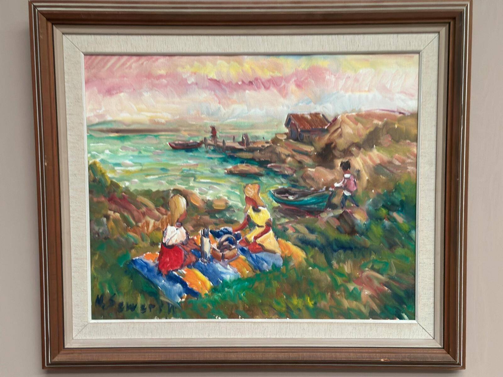 Huile sur toile suédoise d'époque mi-siècle – « Pique-nique » par Nils Sewerin – Cadre vintage 78 × 67 cm (30,7" × 26,4")