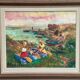 Huile sur toile suédoise d'époque mi-siècle – « Pique-nique » par Nils Sewerin – Cadre vintage 78 × 67 cm (30,7" × 26,4")