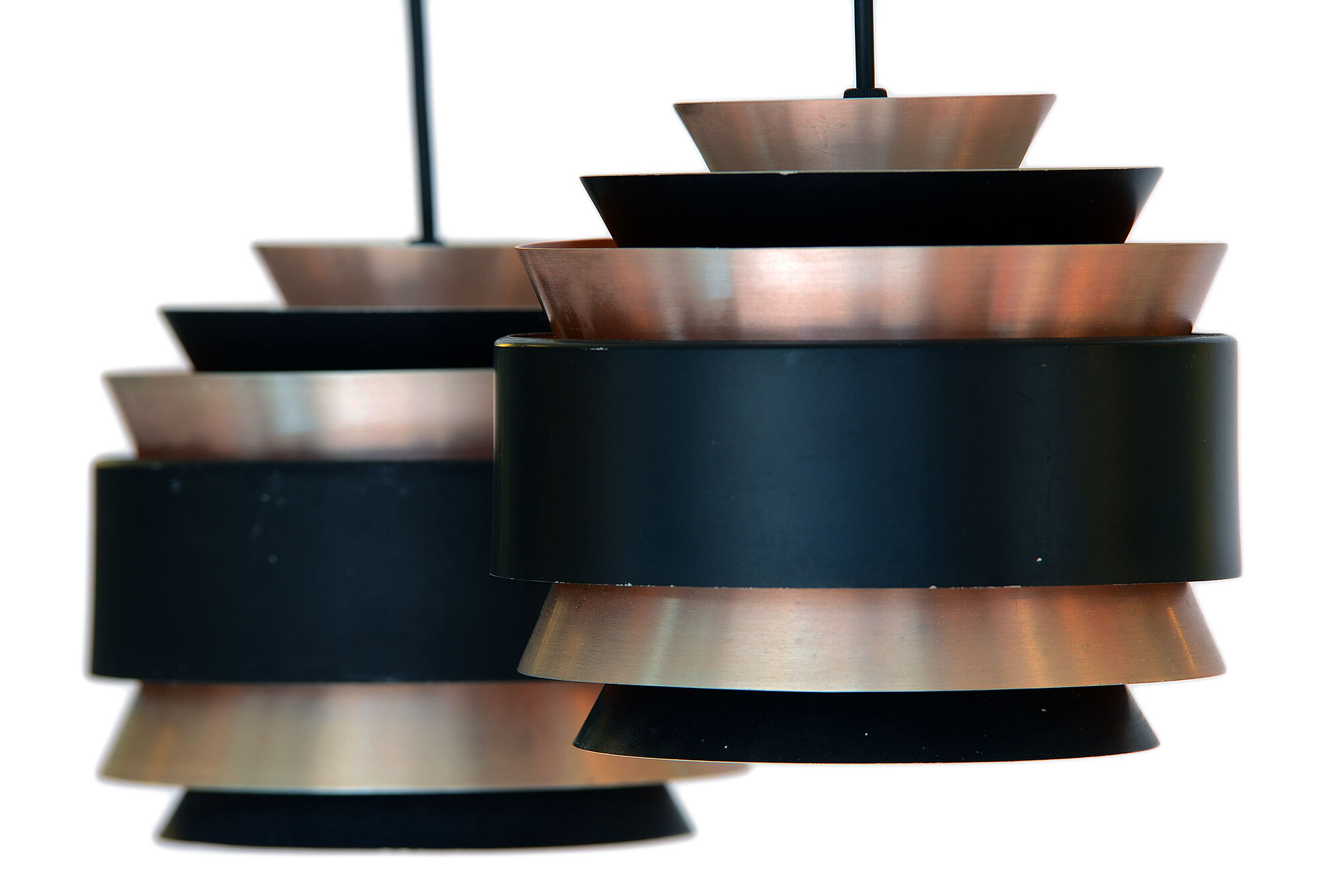 Pair of layered pendant lights in brushed aluminum. Denmark 1960s