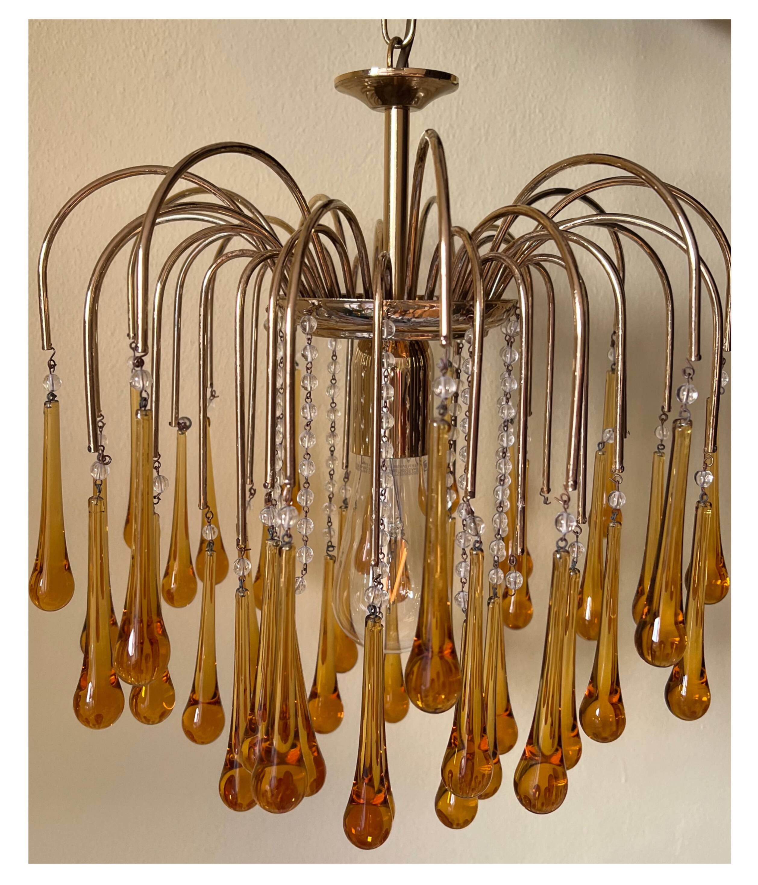 Vintage Murano Amber Glass Teardrop Chandelier - 1960-70s
