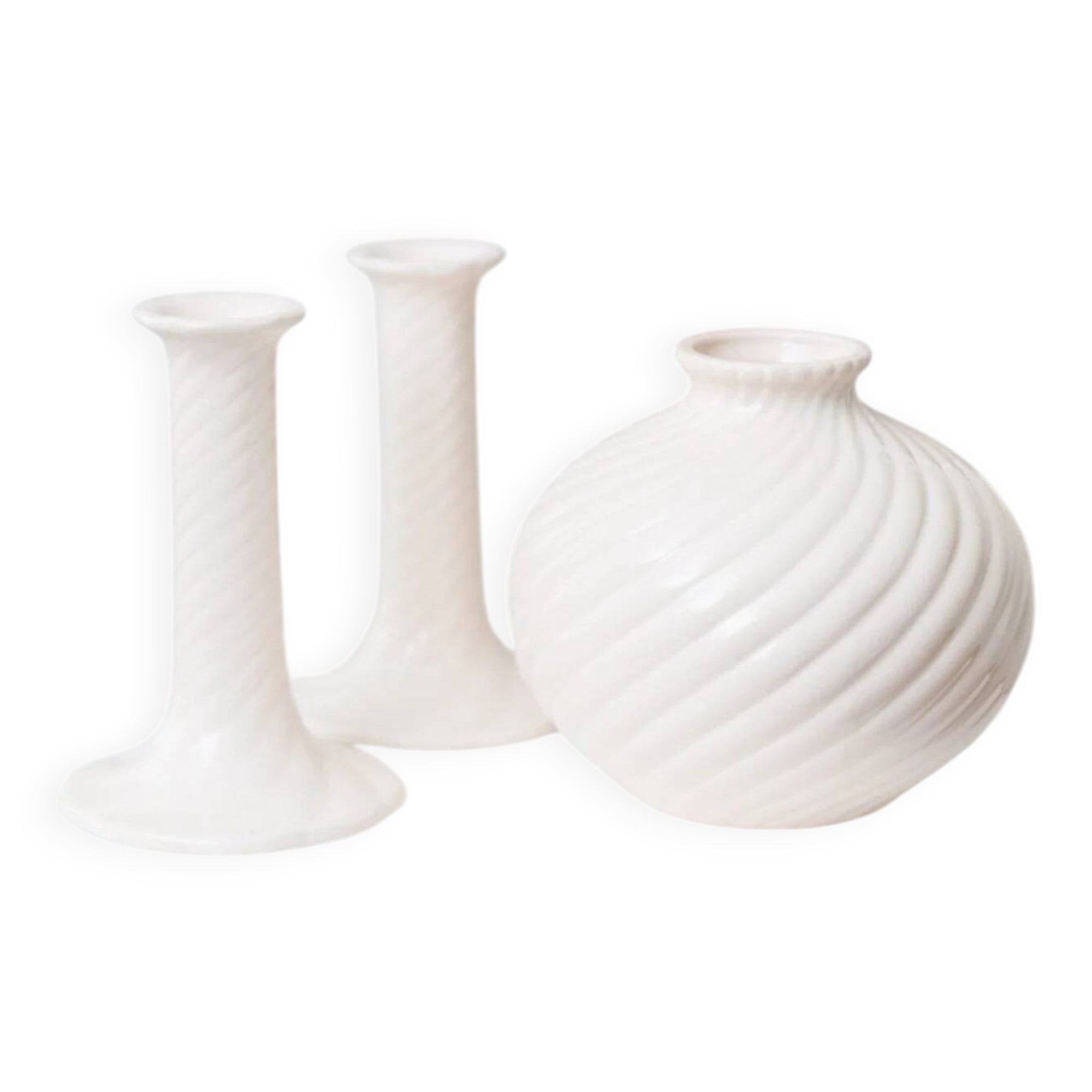 Cream ceramic mid-century set: two candle holders and a vase with white glaze, 1970s design