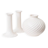 Cream ceramic mid-century set: two candle holders and a vase with white glaze, 1970s design