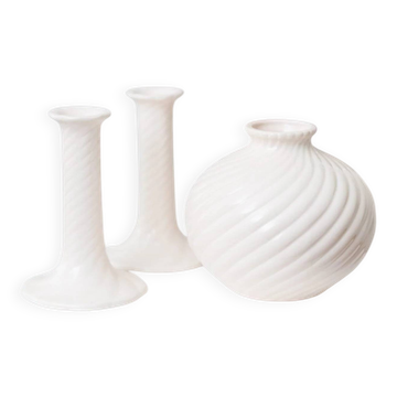 Cream ceramic mid-century set: two candle holders and a vase with white glaze, 1970s design