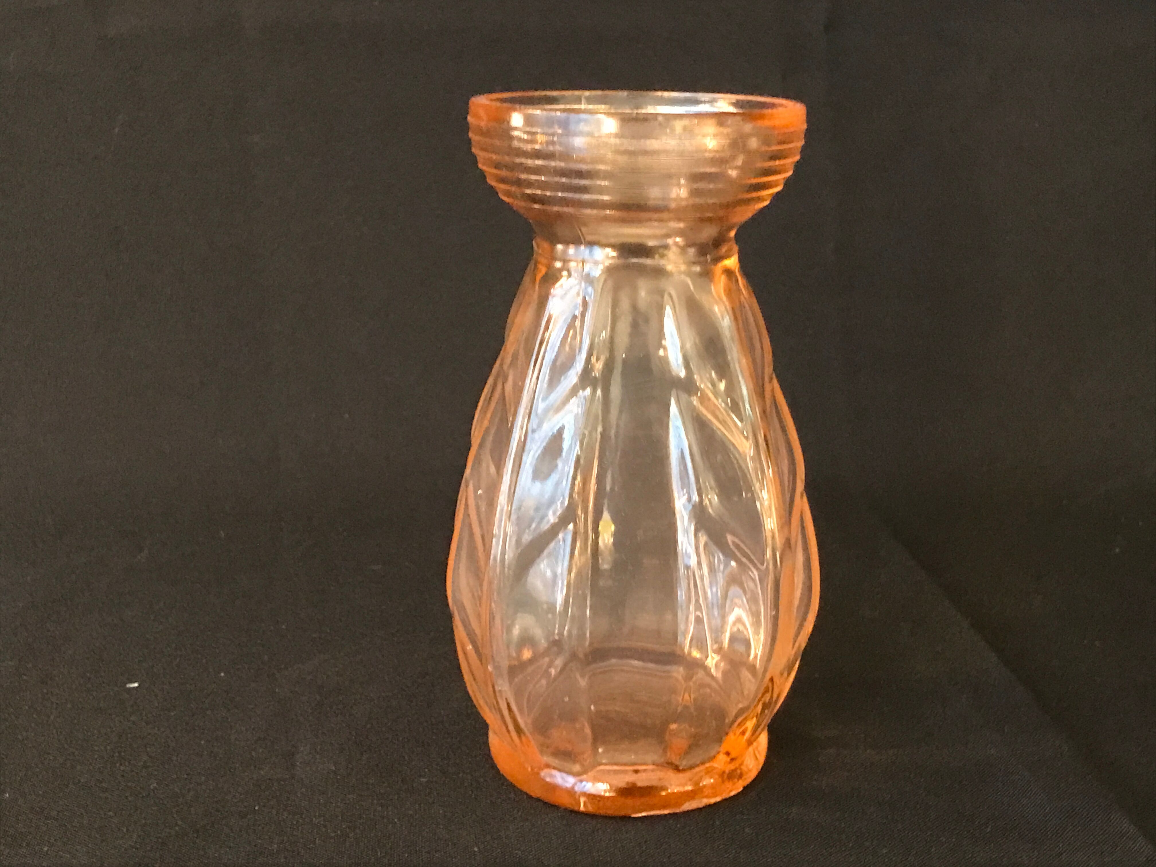 Antique art deco hyacinth vase in pink molded glass leaf pattern