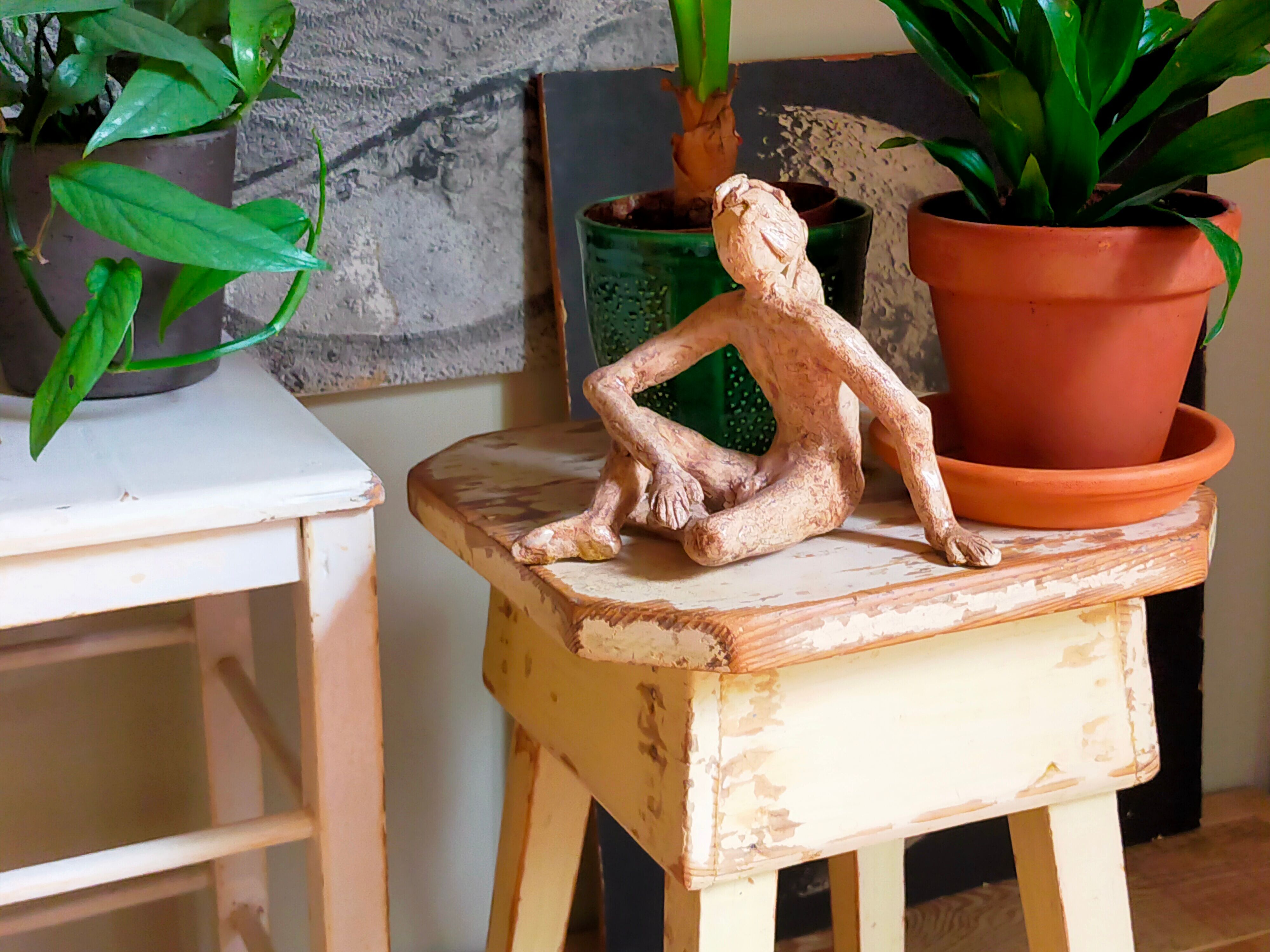 Workshop stool in antique patinated solid wood