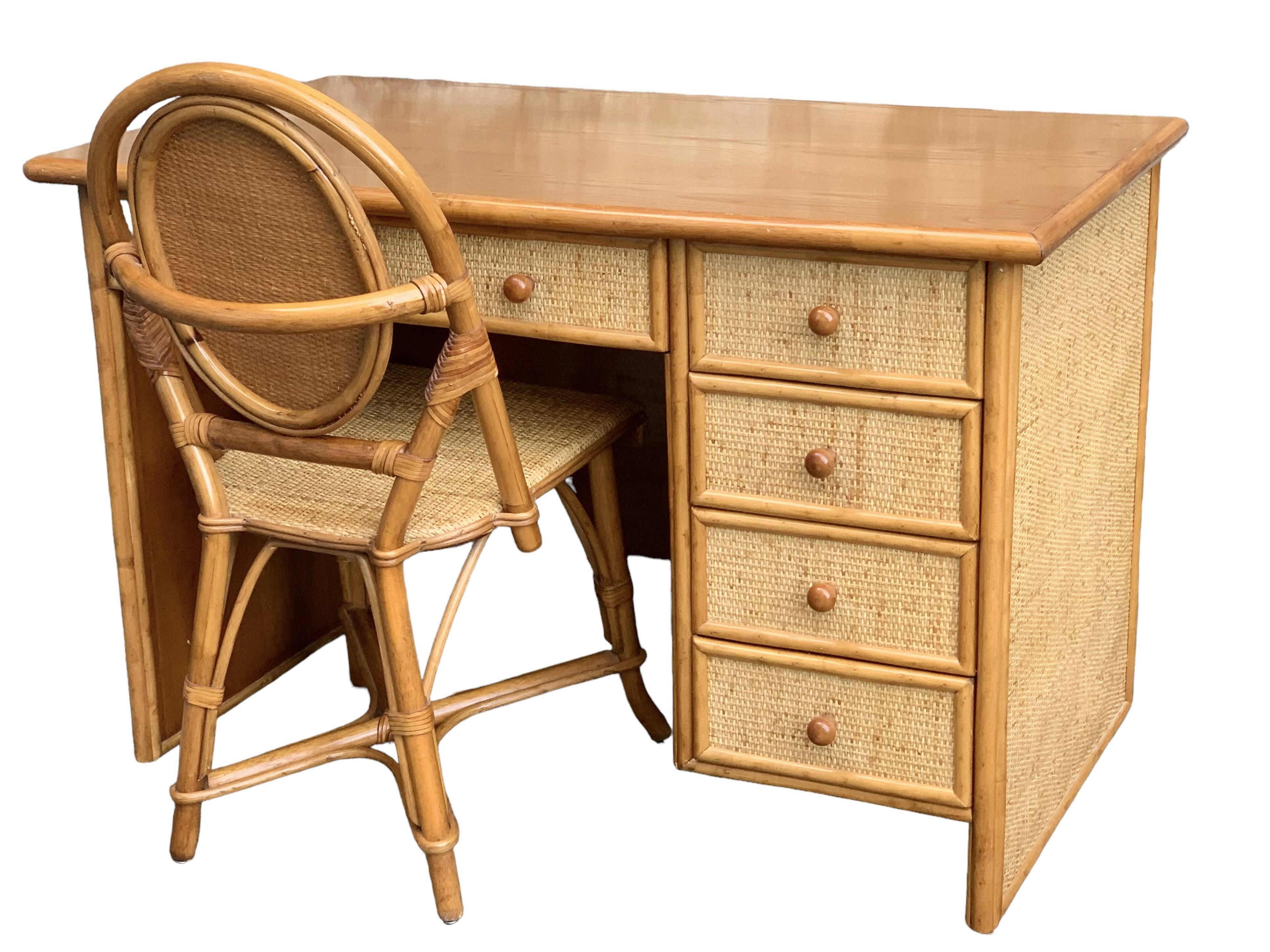 Vintage rattan and woven wicker desk 1970