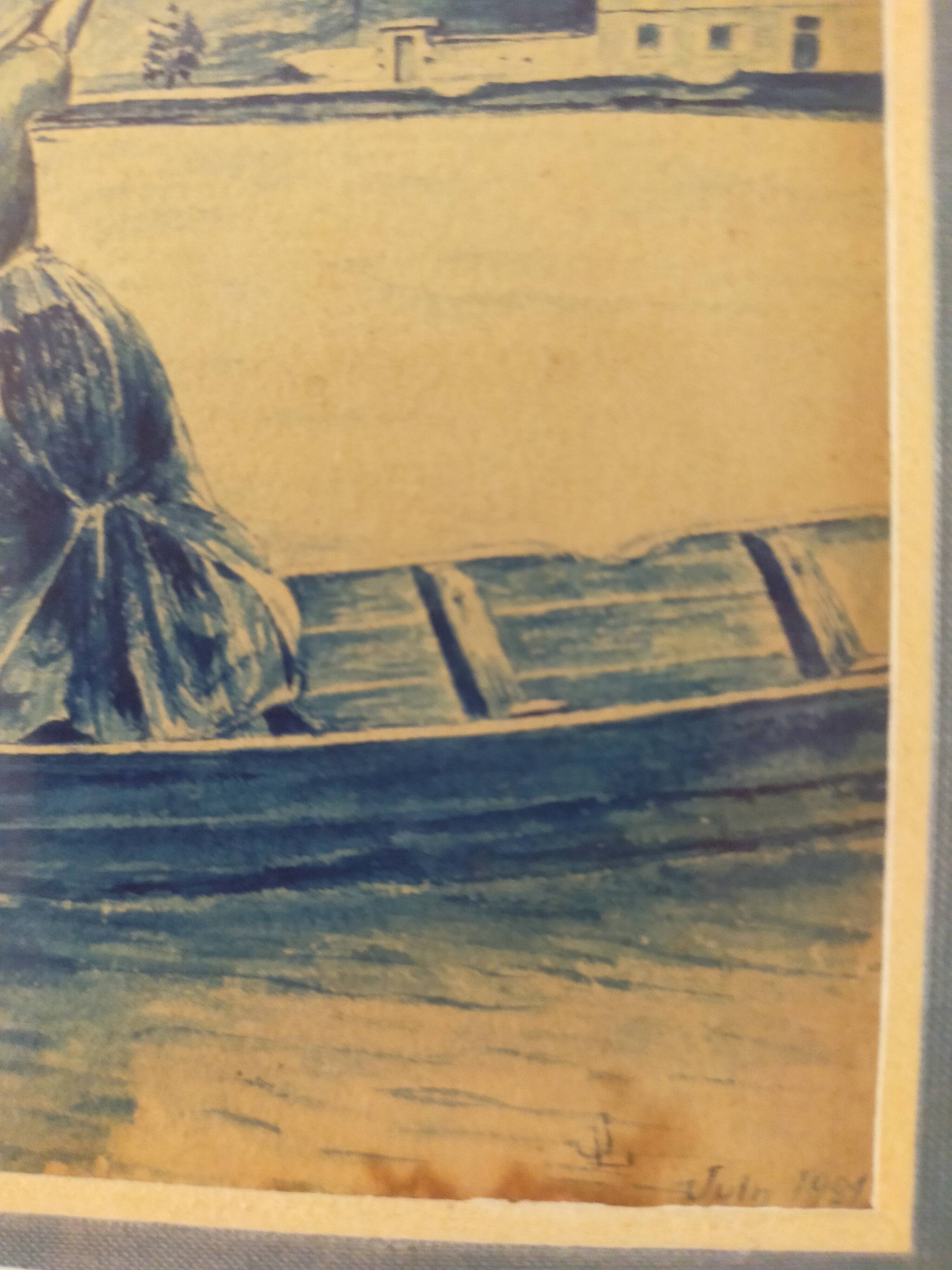 Framed signed watercolor marine landscape