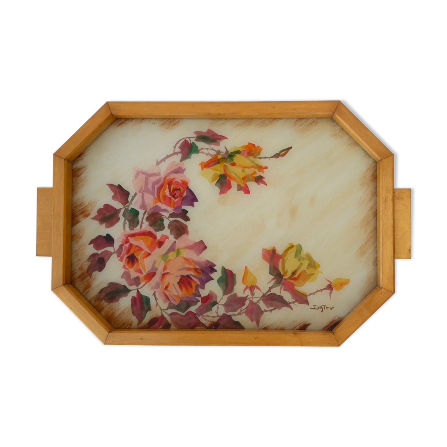 Large wooden tray and handmade glass paste decoration