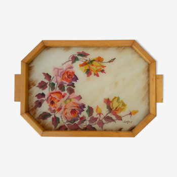 Large wooden tray and handmade glass paste decoration