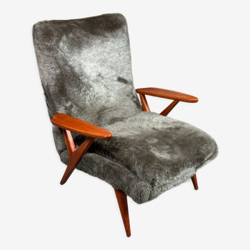 Fauteuil scandinave vintage 50's en hêtre teinté et tissus peluche