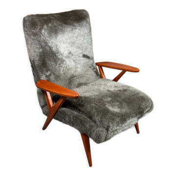 Fauteuil scandinave vintage 50's en hêtre teinté et tissus peluche