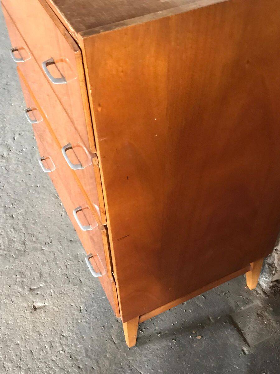 Vintage Scandinavian brown wooden chest of drawers with iron handles and 4 drawers, 1960s.