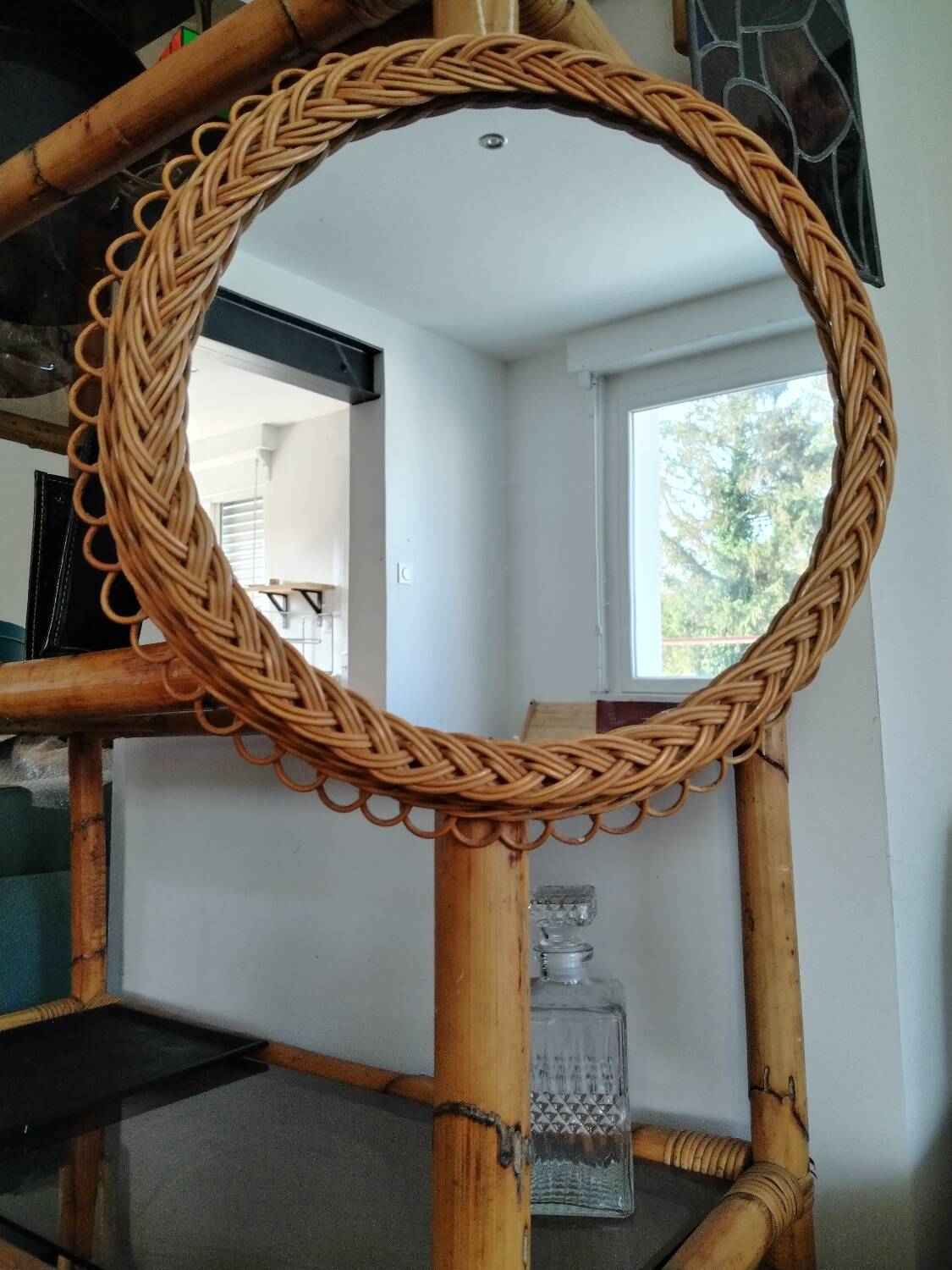 Pretty Soleil rattan mirror, 1950s