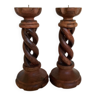 Pair of candlesticks picnic candle in twisted turned wood