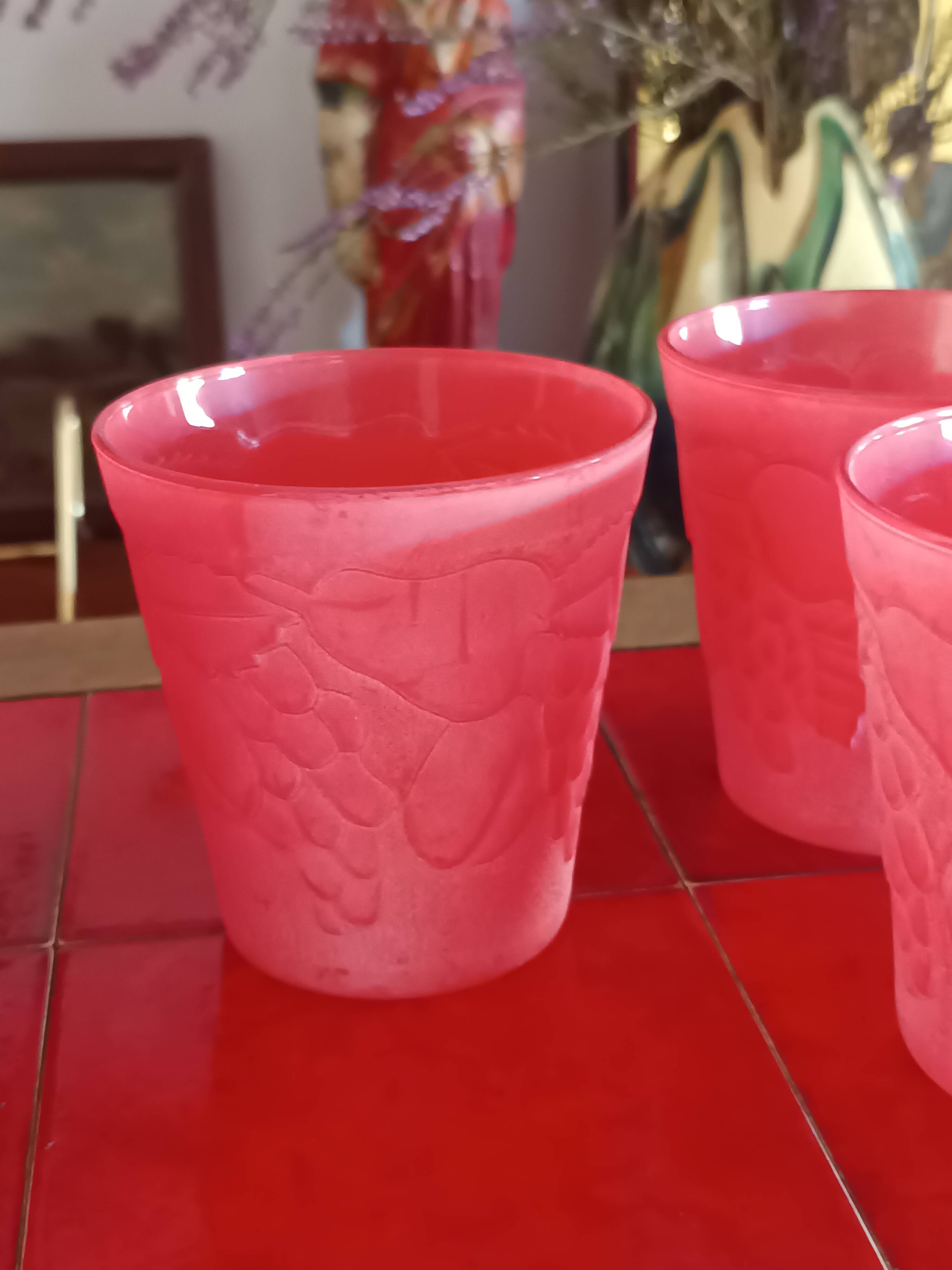 Cervé vintage red frosted glass orangeade set with fruit decoration