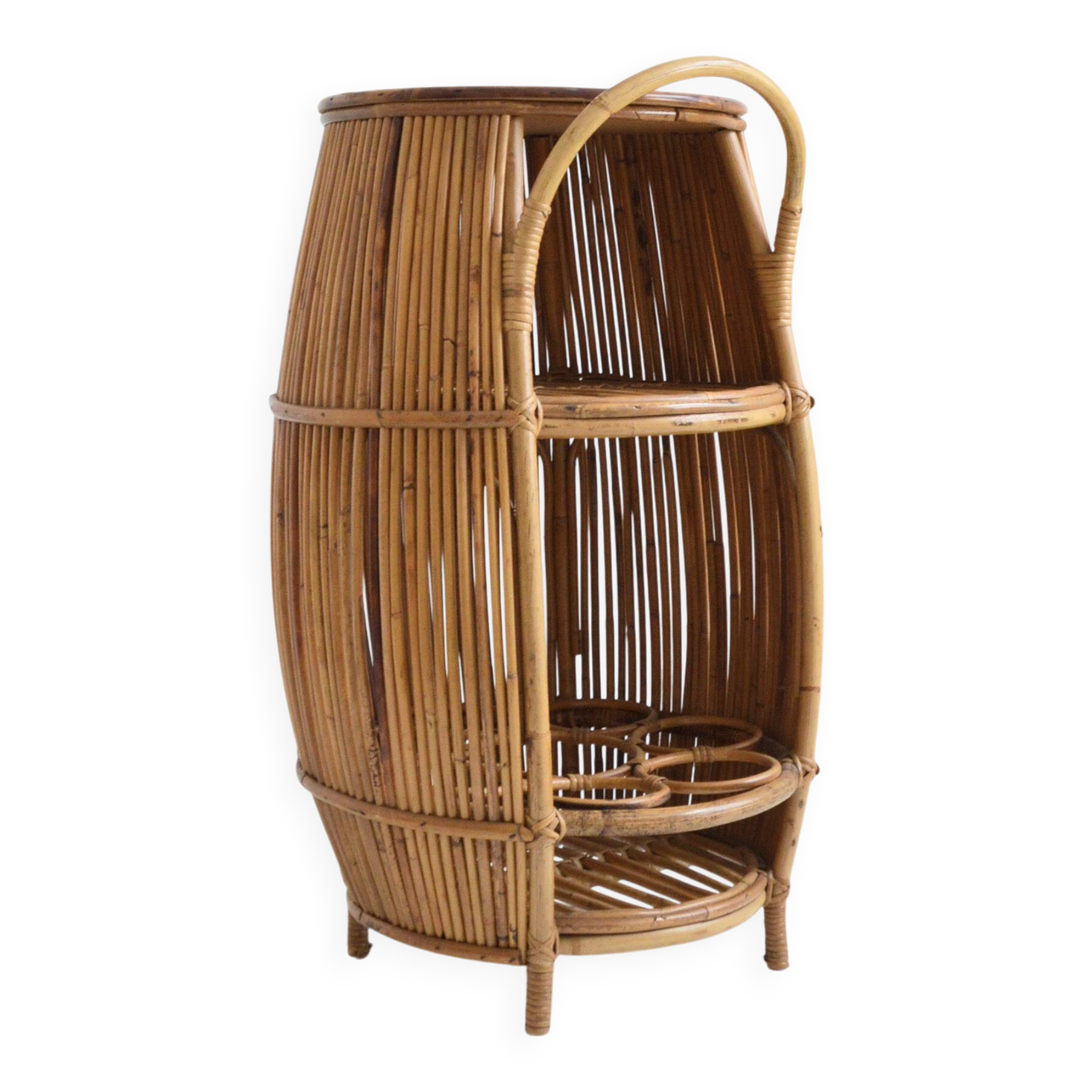 Small barrel-shaped bar cabinet in bamboo and rattan, Italy, 1960s
