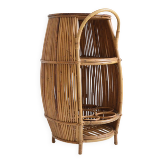 Petit meuble Bar forme tonneau en bambou et rotin Italie 1960s