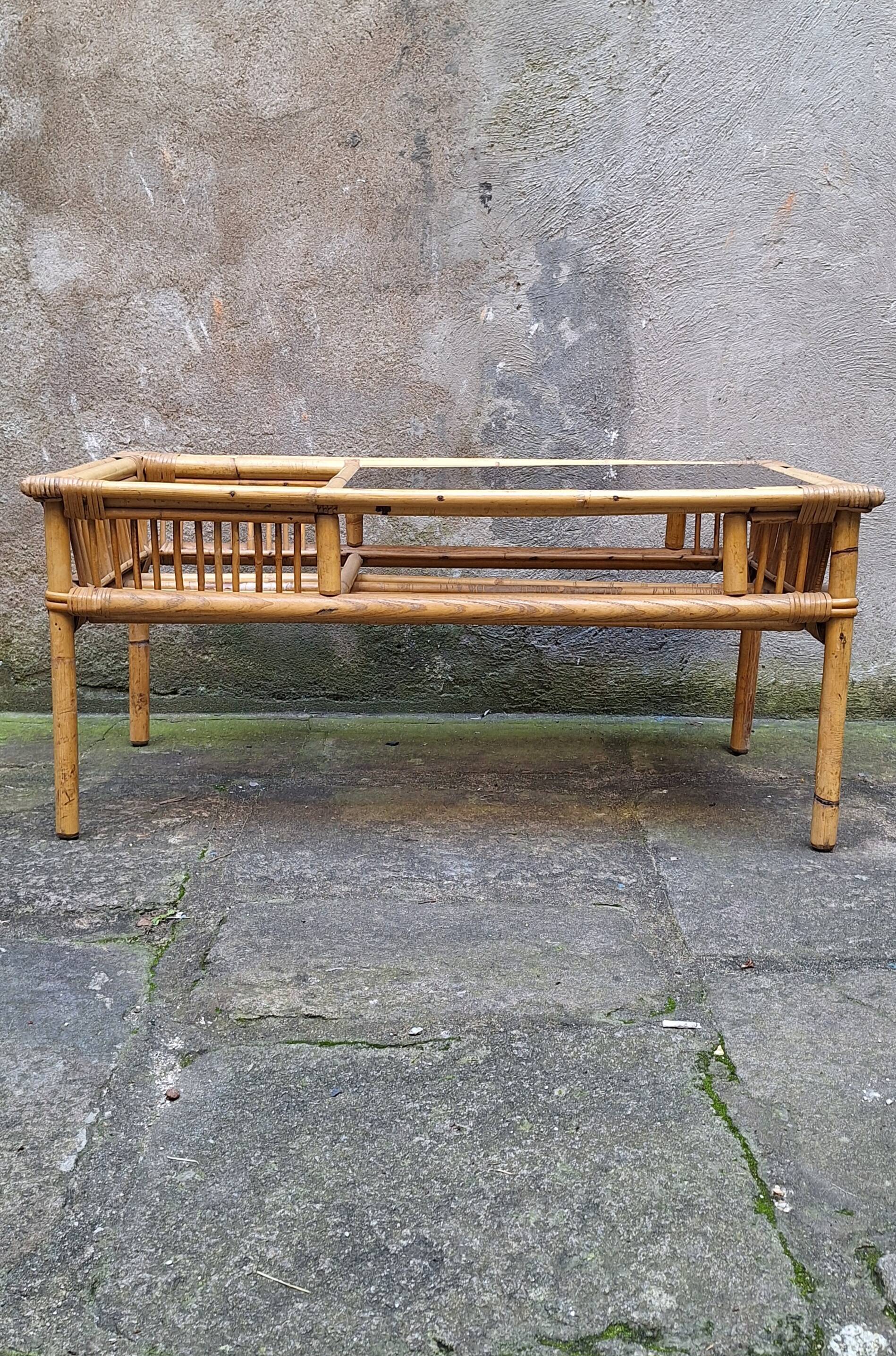 Rattan and smoked glass coffee table