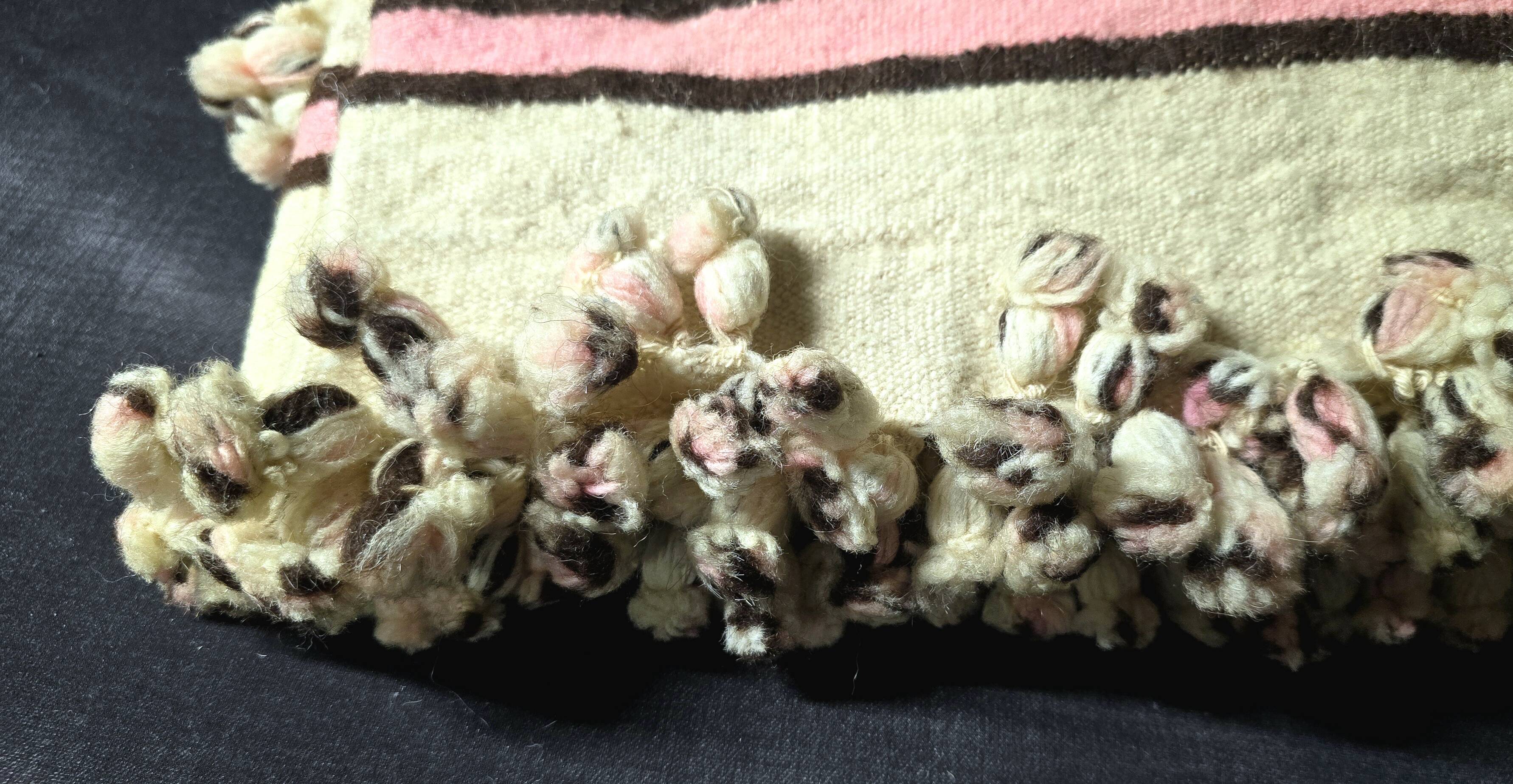 Vintage Berber blanket in neon pink, black and cream striped wool