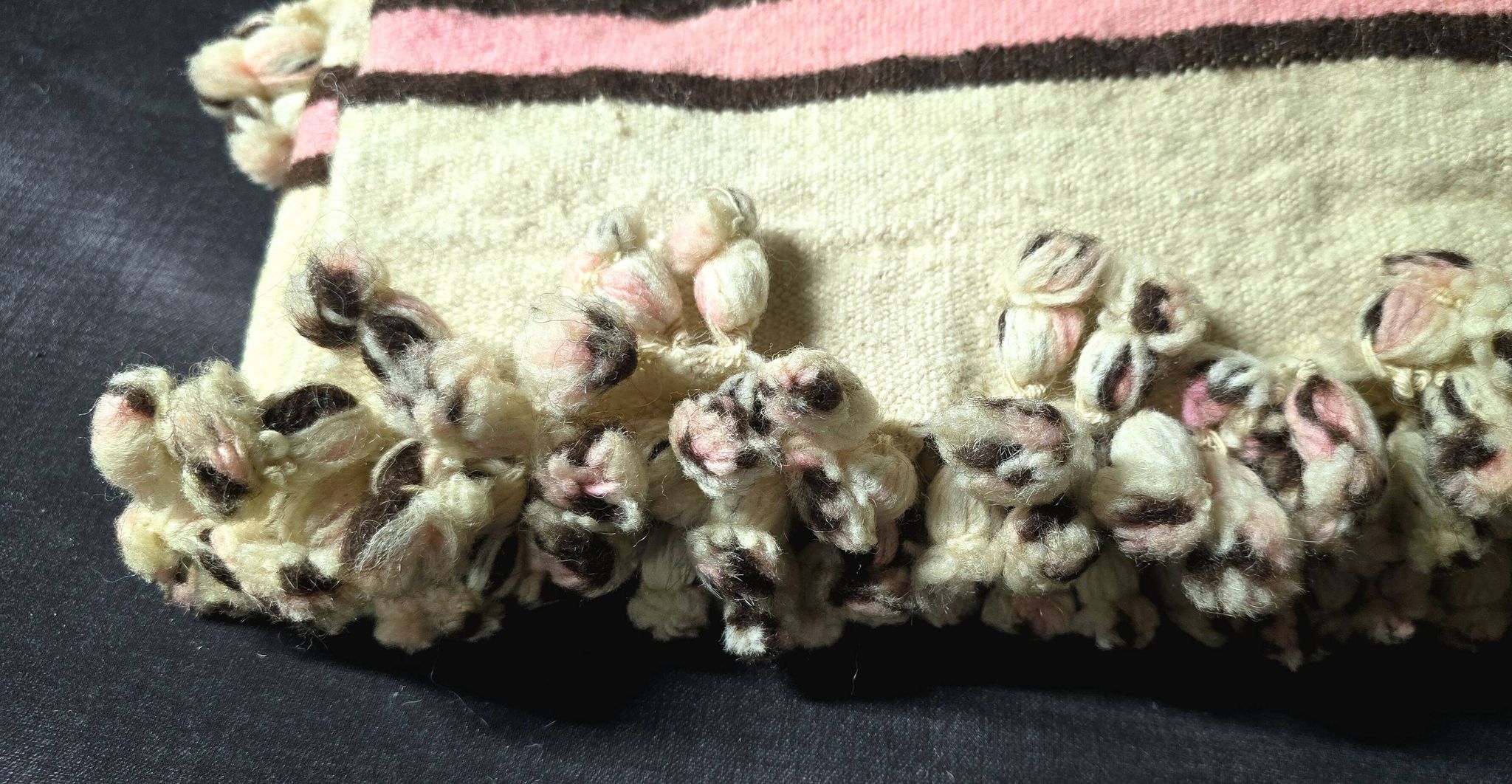 Vintage Berber blanket in neon pink, black and cream striped wool