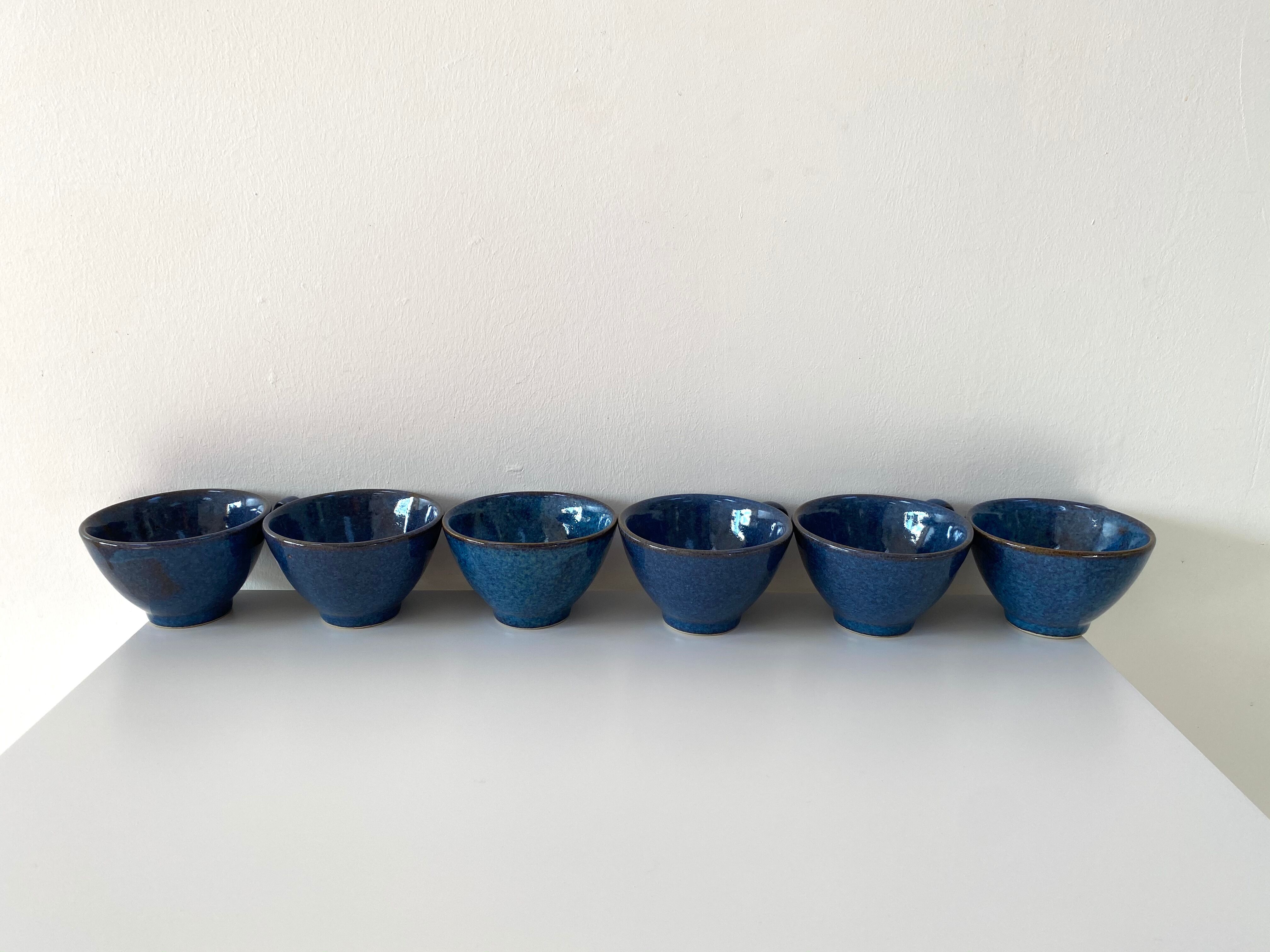 Set of 6 cups or cider bowls in glazed blue stoneware