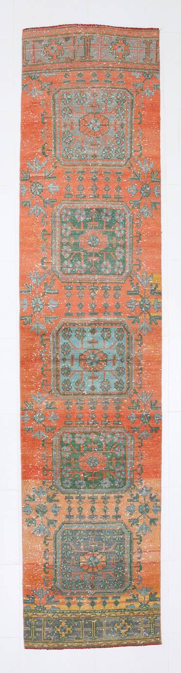 Tapis de couloir vintage antique orange corail, 74 x 334 cm
