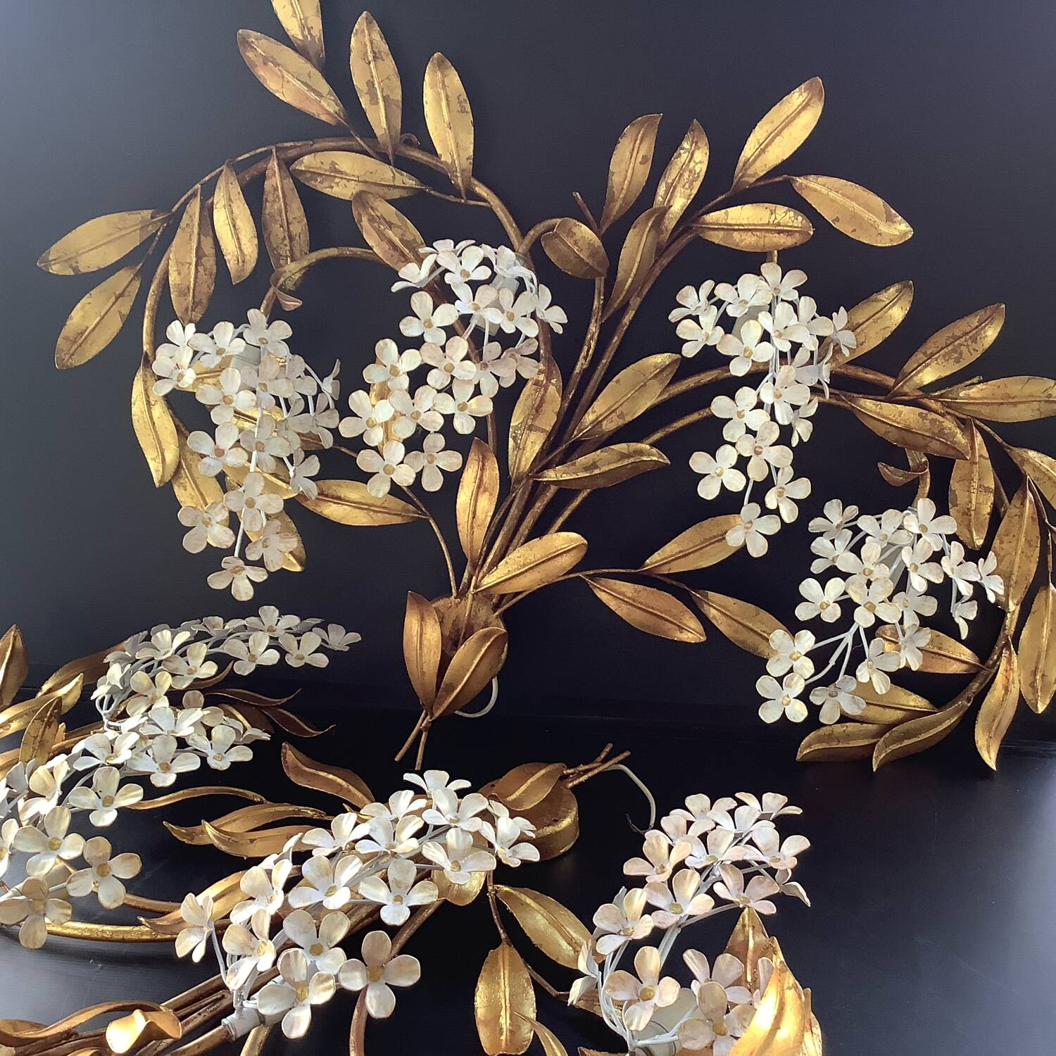 Hans Kogl 2 Vintage Wisteria Floral Wall Sconces with Gold Leaf Finish, 4 Lights