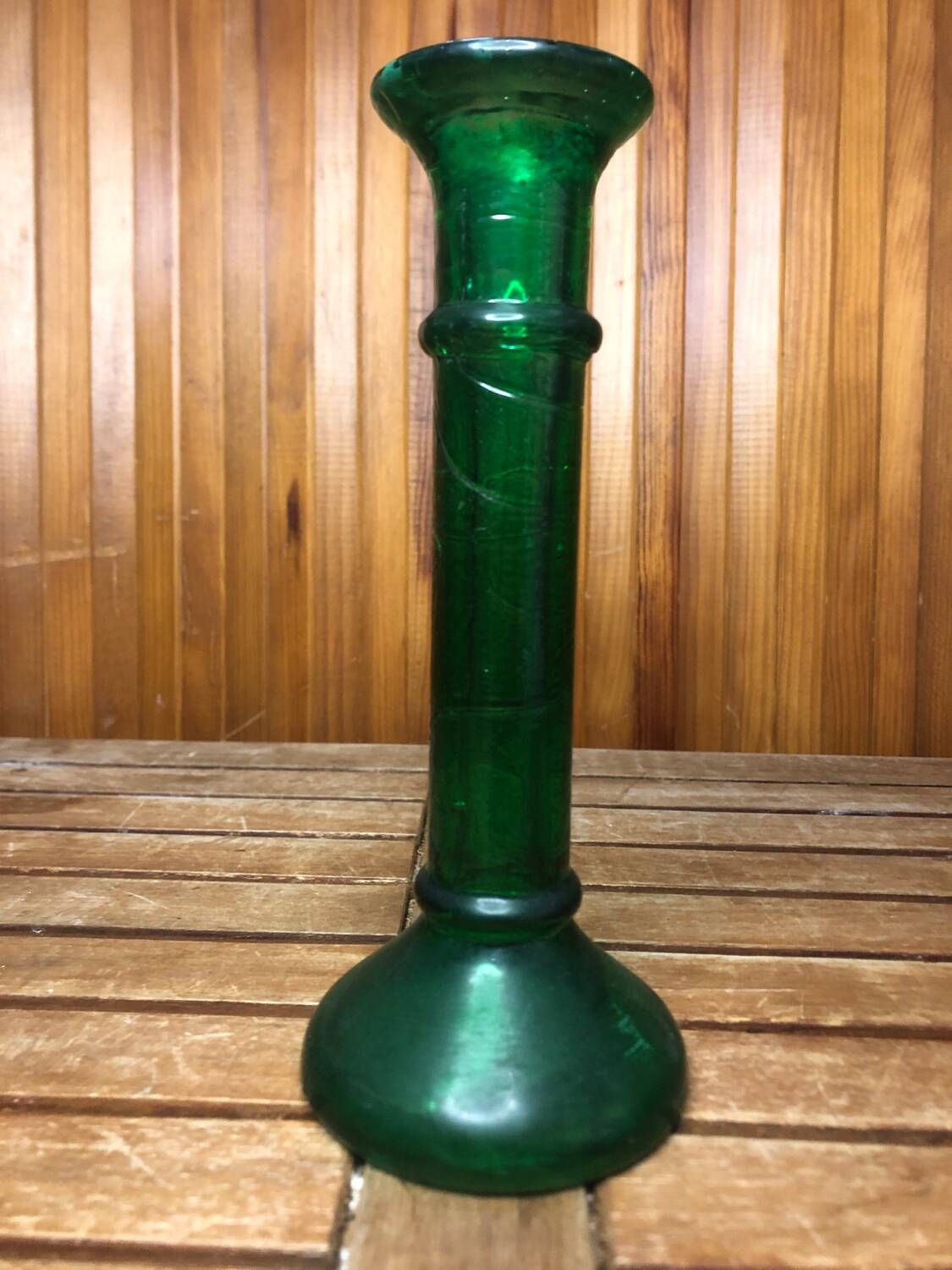 Series of 6 old vintage green bubble molded glass candlesticks #a529