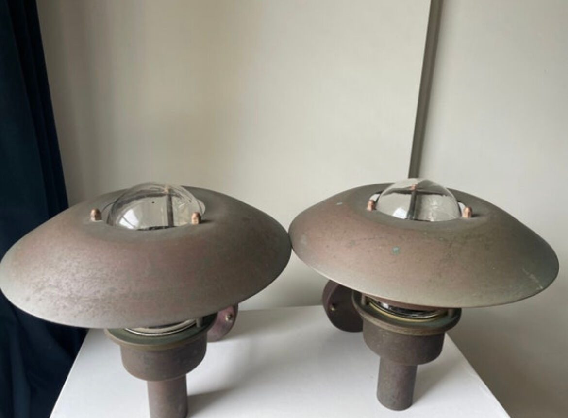 Pair of classic danish vintage MCM outdoor wall lamp in copper