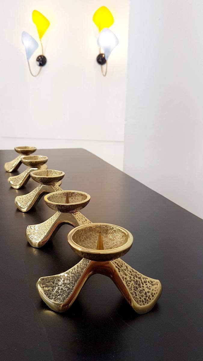 Set of 5 massive bronze brutalist candlesticks 1980