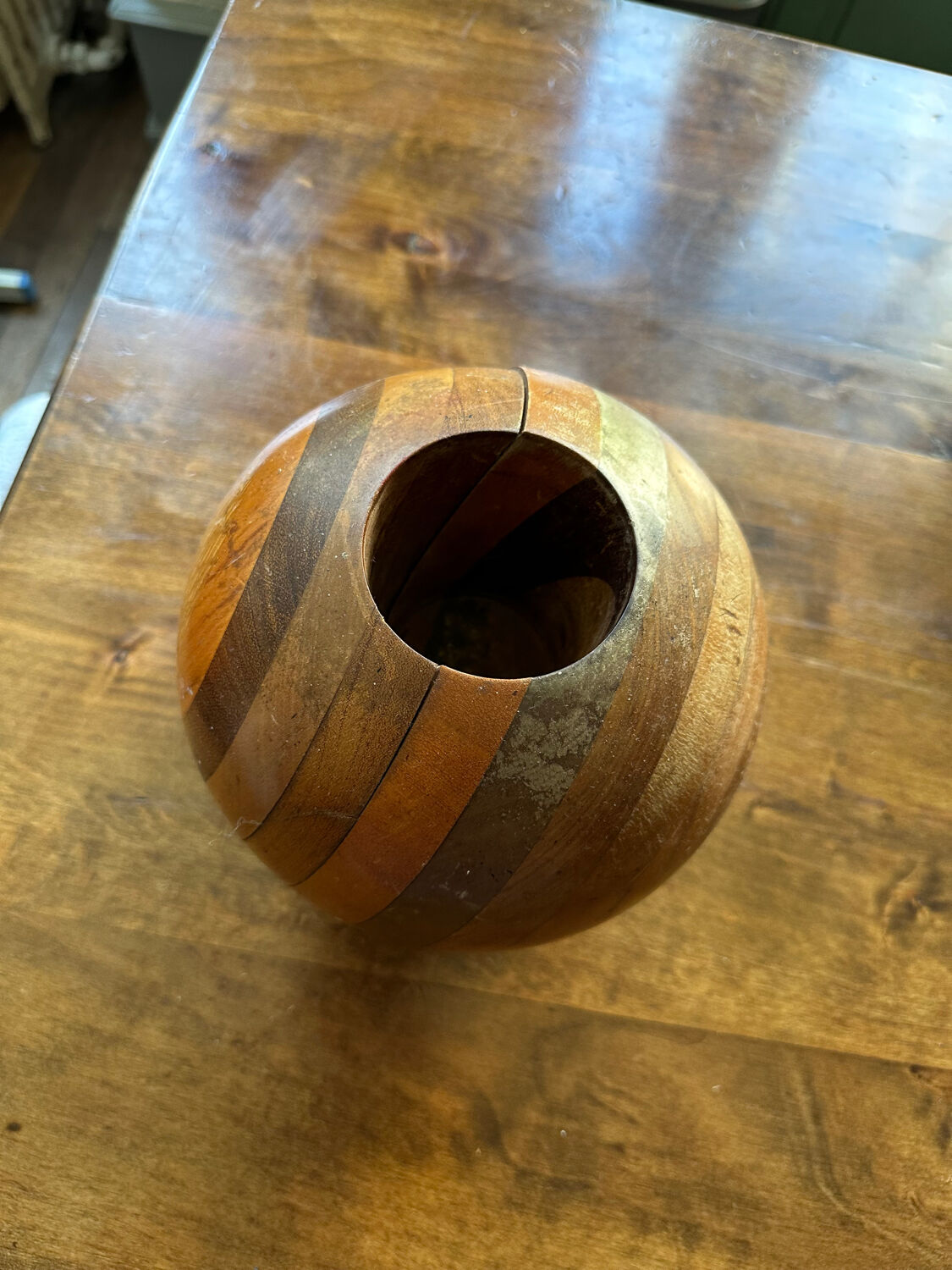 Large round wooden candle holder inlaid